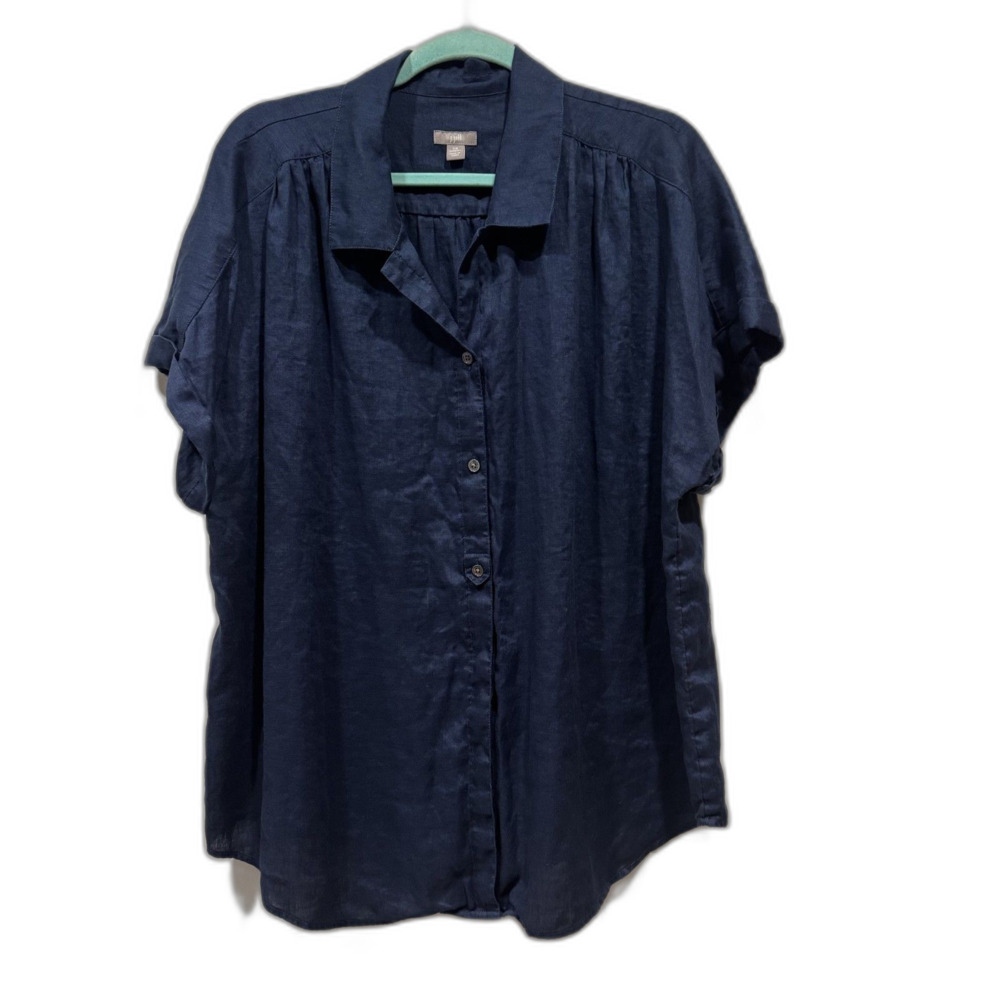 J. Jill Top 100% Linen Navy Blue Button Front Relaxed Tunic Blouse Women sz 2X